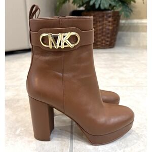 Michael Kors Parker LEATHER PLATFORM HEEL BOOTS Sz 7.5 Luggage Brown Bootie Shoe